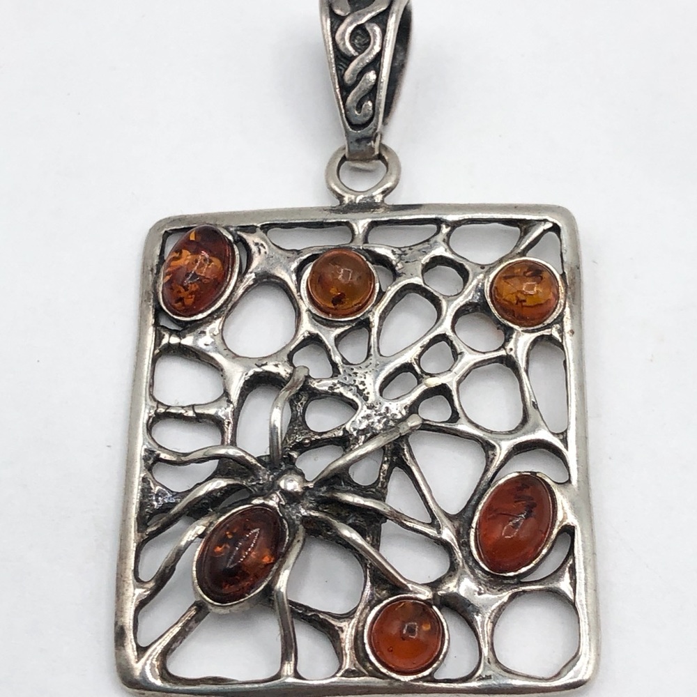 Vintage Sterling Silver Amber Spider Web Bug Pendant Charm